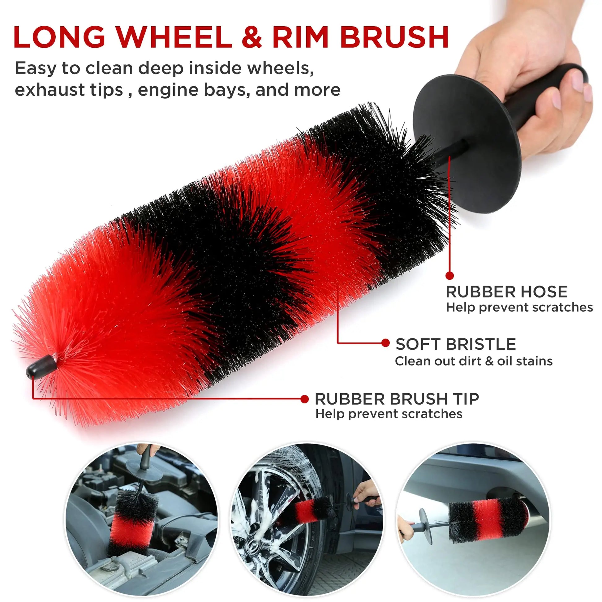 UNTIOR Wheel & Tire Brush Set – Long Soft Bristle Car Detailing Kit with Microfiber Cleaning Cloth