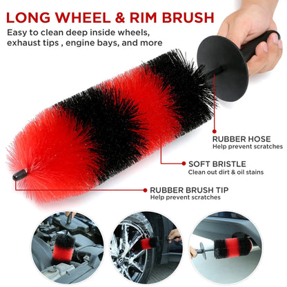 UNTIOR Wheel & Tire Brush Set – Long Soft Bristle Car Detailing Kit with Microfiber Cleaning Cloth