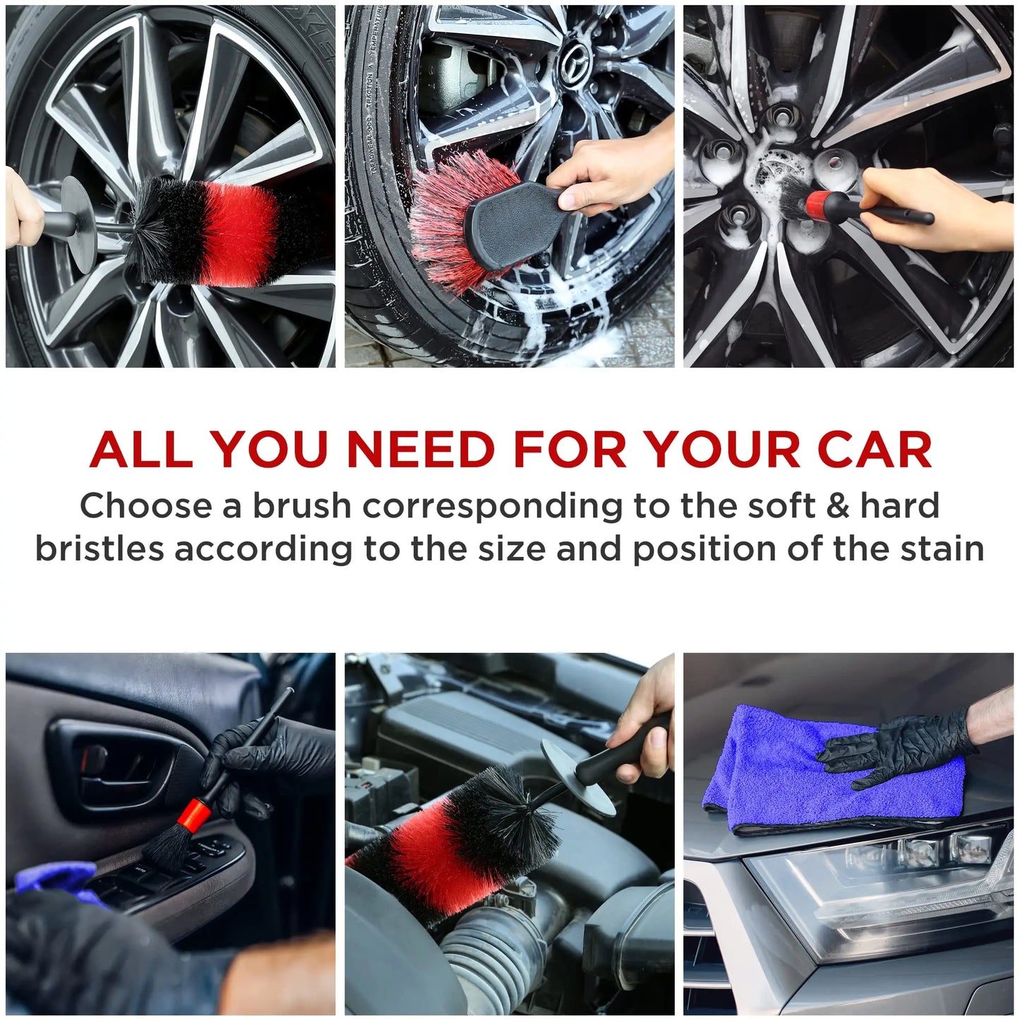 UNTIOR Wheel & Tire Brush Set – Long Soft Bristle Car Detailing Kit with Microfiber Cleaning Cloth