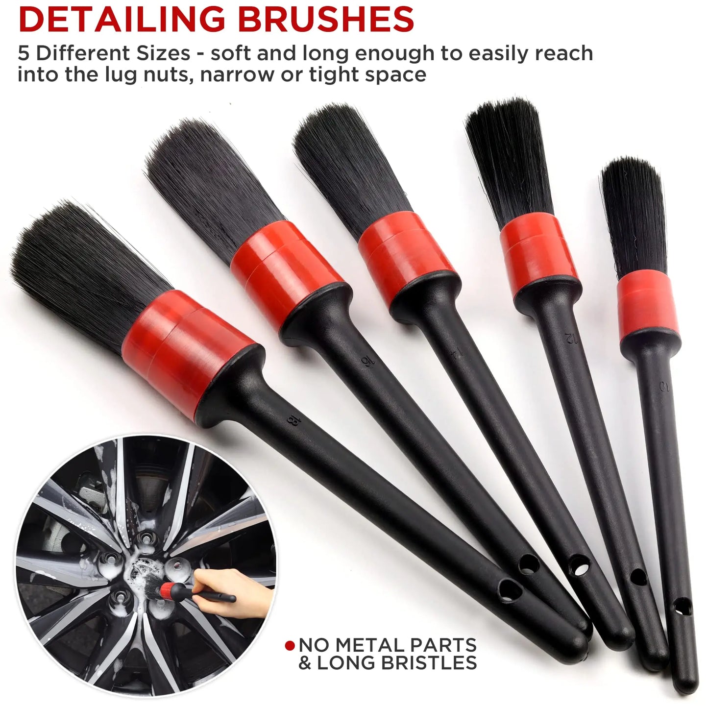 UNTIOR Wheel & Tire Brush Set – Long Soft Bristle Car Detailing Kit with Microfiber Cleaning Cloth